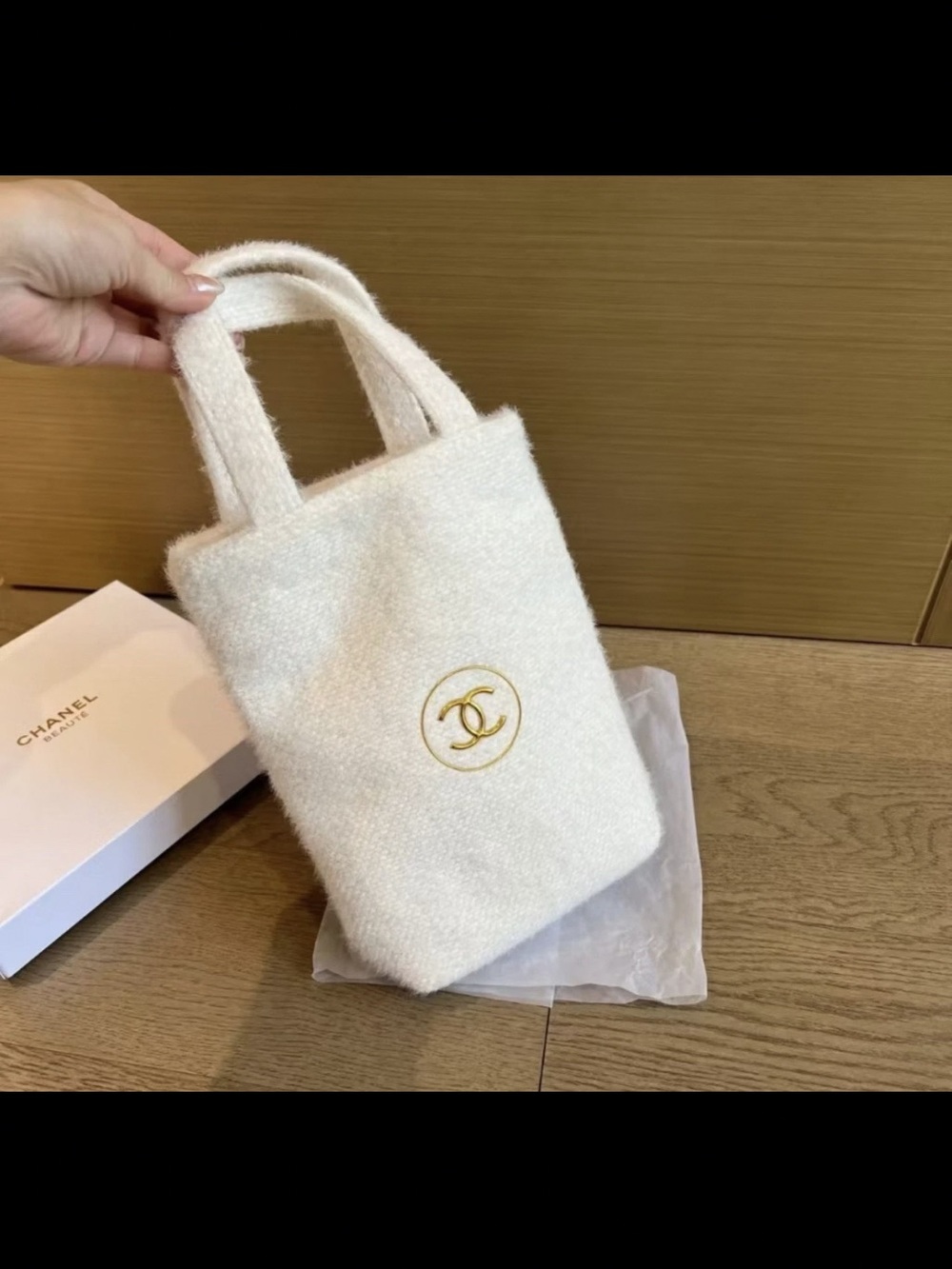 CHANEL Cream Bouclé Mini Tote with Gold CC Emblem